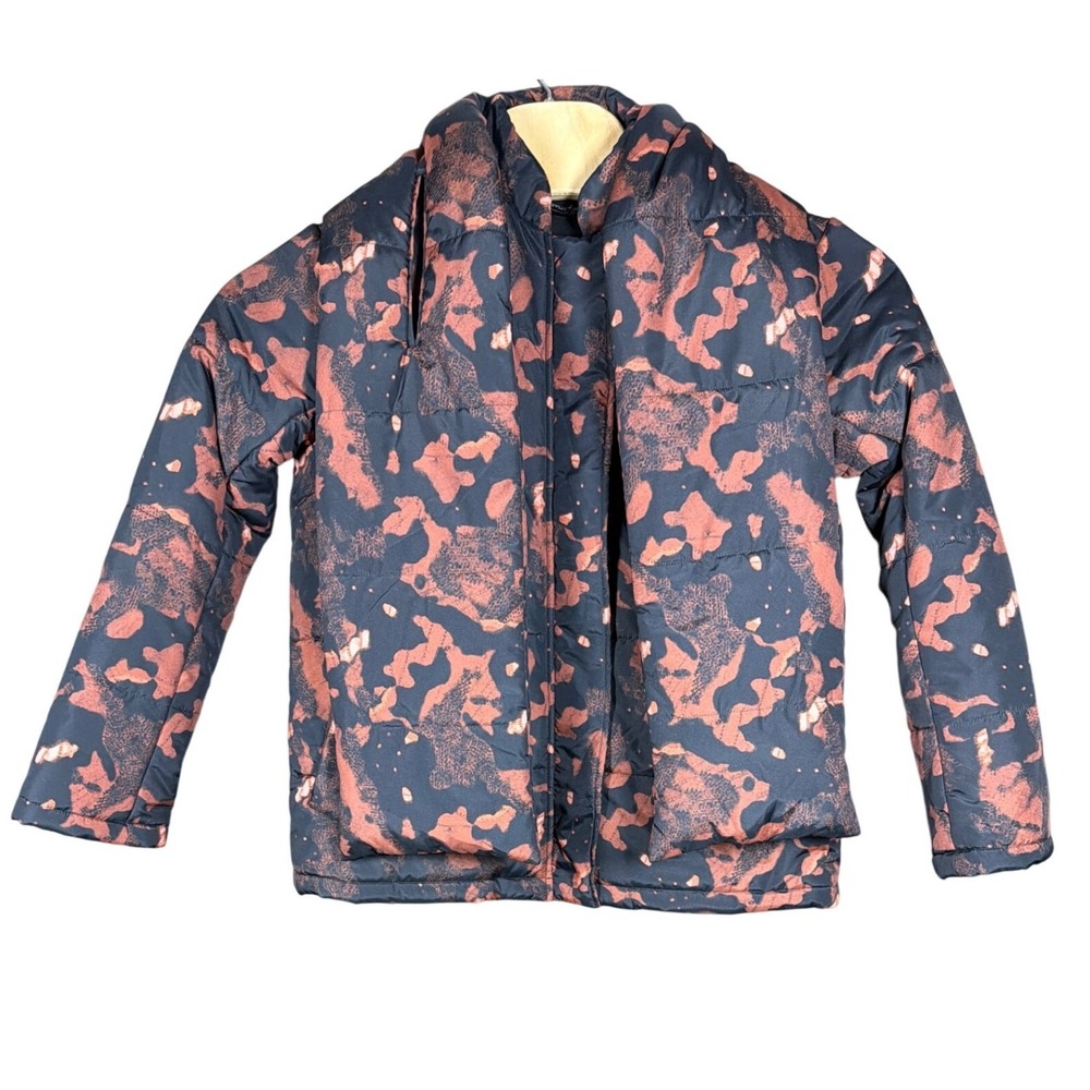 Peruvian Connection Puffer Jacket Womens XS Abstract Camo Black Orange Scarf